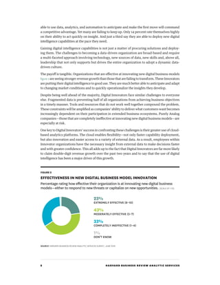 2 HARVARD BUSINESS REVIEW ANALYTIC SERVICES
able to use data, analytics, and automation to anticipate and make the first move will command
a competitive advantage. Yet many are failing to keep up. Only 14 percent rate themselves highly
on their ability to act quickly on insight. And just a third say they are able to deploy new digital
intelligence capabilities at the pace they need.
Gaining digital intelligence capabilities is not just a matter of procuring solutions and deploy-
ing them. The challenges to becoming a data-driven organization are broad-based and require
a multi-faceted approach involving technology, new sources of data, new skills and, above all,
leadership that not only supports but drives the entire organization to adopt a dynamic data-
driven culture.
The payoff is tangible. Organizations that are effective at innovating new digital business models
figure2are seeing stronger revenue growth than those that are failing to transform. These Innovators
are putting their digital intelligence to good use. They are much better able to anticipate and adapt
to changing market conditions and to quickly operationalize the insights they develop.
Despite being well ahead of the majority, Digital Innovators face similar challenges to everyone
else. Fragmented data is preventing half of all organizations from achieving business objectives
in a timely manner. Tools and resources that do not work well together compound the problem.
These constraints will be amplified as companies’ ability to deliver what customers want becomes
increasingly dependent on their participation in extended business ecosystems. Purely Analog
companies—those that are completely ineffective at innovating new digital business models—are
especially at risk.
One key to Digital Innovators’ success in confronting these challenges is their greater use of cloud-
based analytics platforms. The cloud enables flexibility—not only faster capability deployment,
but also innovation and easier access to a variety of external data. As a result, employees within
Innovator organizations have the necessary insight from external data to make decisions faster
and with greater confidence. This all adds up to the fact that Digital Innovators are far more likely
to claim double-digit revenue growth over the past two years and to say that the use of digital
intelligence has been a major driver of this growth.
FIGURE 2
EFFECTIVENESS IN NEW DIGITAL BUSINESS MODEL INNOVATION
Percentage rating how eﬀective their organization is at innovating new digital business
models—either to respond to new threats or capitalize on new opportunities. (SCALE OF 1-10)
ck on pie chart to edit data
23%
EXTREMELY EFFECTIVE (8–10)
43%
MODERATELY EFFECTIVE (5–7)
33%
COMPLETELY INEFFECTIVE (1–4)
1%
DON’T KNOW
SOURCE HARVARD BUSINESS REVIEW ANALYTIC SERVICES SURVEY, JUNE 2016
 