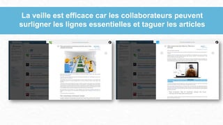 La veille est efficace car les collaborateurs peuvent
surligner les lignes essentielles et taguer les articles
 