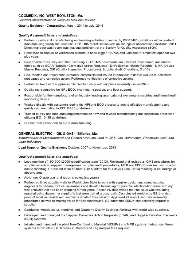 supplier quality resume