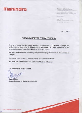 Mahindra Intern Letter