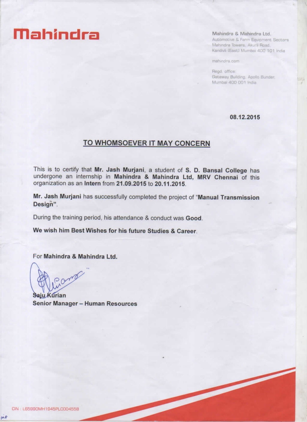 Mahindra Intern Letter mahindra-intern-letter