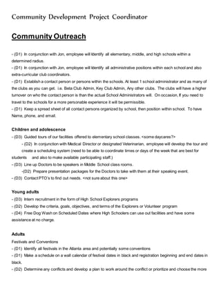 Community Development Project Coordinator
Community Outreach
- (D1) In conjunction with Jon, employee will Identify all elementary, middle, and high schools within a
determined radius.
- (D1) In conjunction with Jon, employee will Identify all administrative positions within each school and also
extra-curricular club coordinators.
- (D1) Establish a contact person or persons within the schools. At least 1 school administrator and as many of
the clubs as you can get. i.e. Beta Club Admin, Key Club Admin, Any other clubs. The clubs will have a higher
turnover on who the contact person is than the actual School Administrators will. On occasion, If you need to
travel to the schools for a more personable experience it will be permissible.
- (D1) Keep a spread sheet of all contact persons organized by school, then position within school. To have
Name, phone, and email.
Children and adolescence
- (D3) Guided tours of our facilities offered to elementary school classes. <some daycares?>
- (D2) In conjunction with Medical Director or designated Veterinarian, employee will develop the tour and
create a scheduling system (need to be able to coordinate times or days of the week that are best for
students and also to make available participating staff.)
- (D3) Line up Doctors to be speakers in Middle School class rooms.
-(D2) Prepare presentation packages for the Doctors to take with them at their speaking event.
- (D3) Contact PTO’s to find out needs. <not sure about this one>
Young adults
- (D3) Intern recruitment in the form of High School Explorers programs
- (D2) Develop the criteria, goals, objectives, and terms of the Explorers or Volunteer program
- (D4) Free Dog Wash on Scheduled Dates where High Schoolers can use out facilities and have some
assistance at no charge.
Adults
Festivals and Conventions
- (D1) Identify all festivals in the Atlanta area and potentially some conventions
- (D1) Make a schedule on a wall calendar of festival dates in black and registration beginning and end dates in
black.
- (D2) Determine any conflicts and develop a plan to work around the conflict or prioritize and choose the more
 