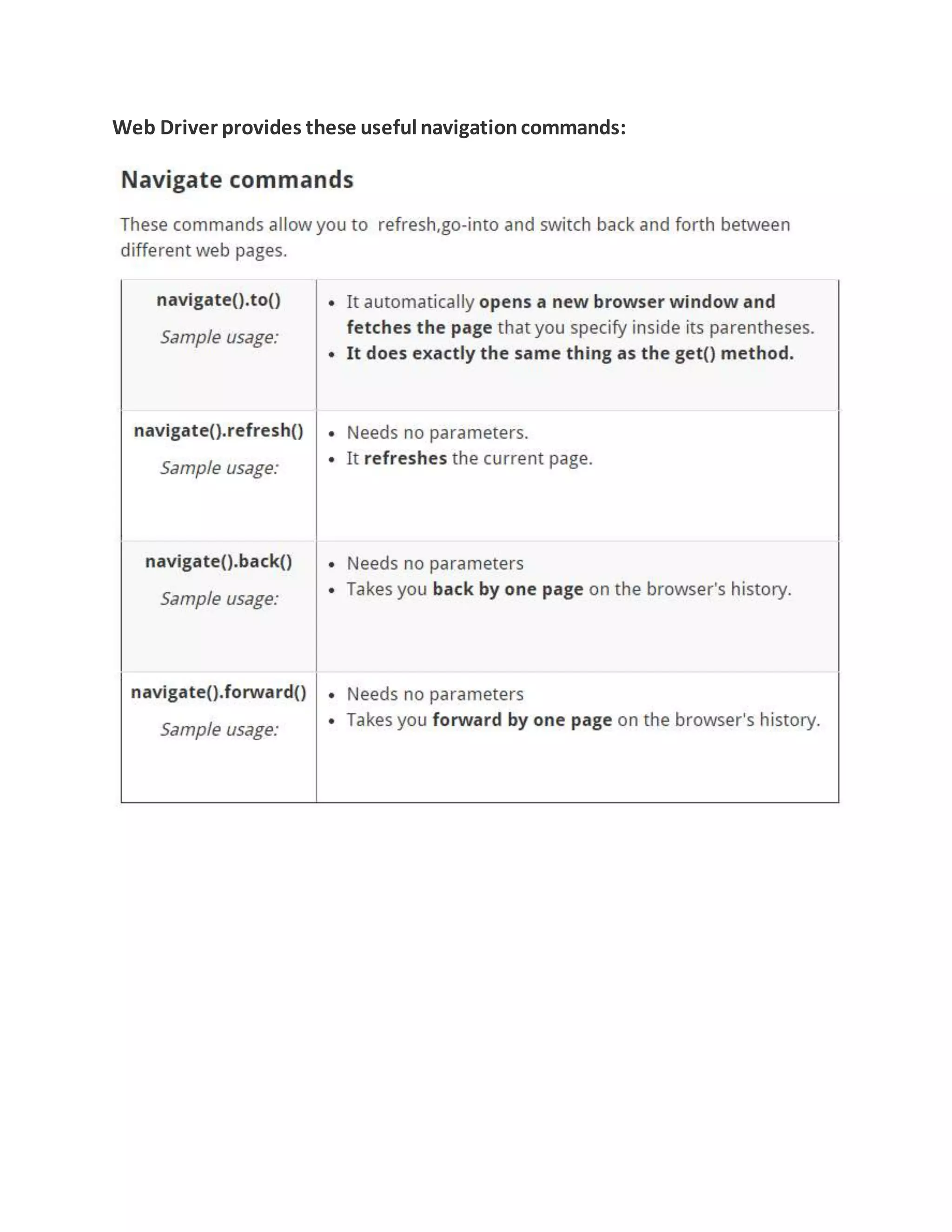 Web Driver provides these useful navigationcommands:
 