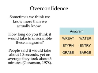 Overconfidence
Sometimes we think we
know more than we
actually know.
Anagram
BARGEGRABE
ENTRYETYRN
WATERWREAT
How long do you think it
would take to unscramble
these anagrams?
People said it would take
about 10 seconds, yet on
average they took about 3
minutes (Goranson, 1978).
 