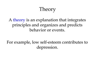 A theory is an explanation that integrates
principles and organizes and predicts
behavior or events.
For example, low self-esteem contributes to
depression.
Theory
 