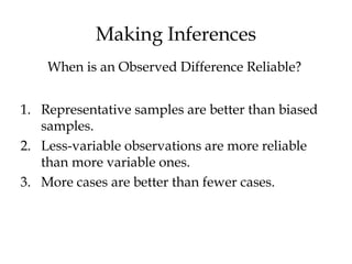 Making Inferences
1. Representative samples are better than biased
samples.
2. Less-variable observations are more reliable
than more variable ones.
3. More cases are better than fewer cases.
When is an Observed Difference Reliable?
 