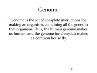11 
Genome 
Genome is the set of complete instructions for 
making an organism, containing all the genes in 
that organism...