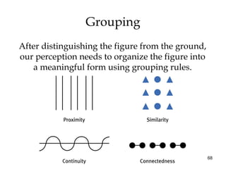 68
Grouping
After distinguishing the figure from the ground,
our perception needs to organize the figure into
a meaningful form using grouping rules.
 