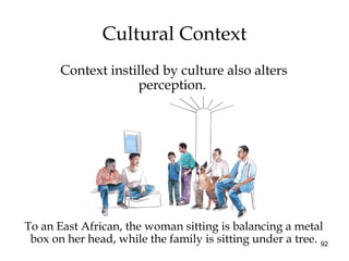 92
To an East African, the woman sitting is balancing a metal
box on her head, while the family is sitting under a tree.
Cultural Context
Context instilled by culture also alters
perception.
 