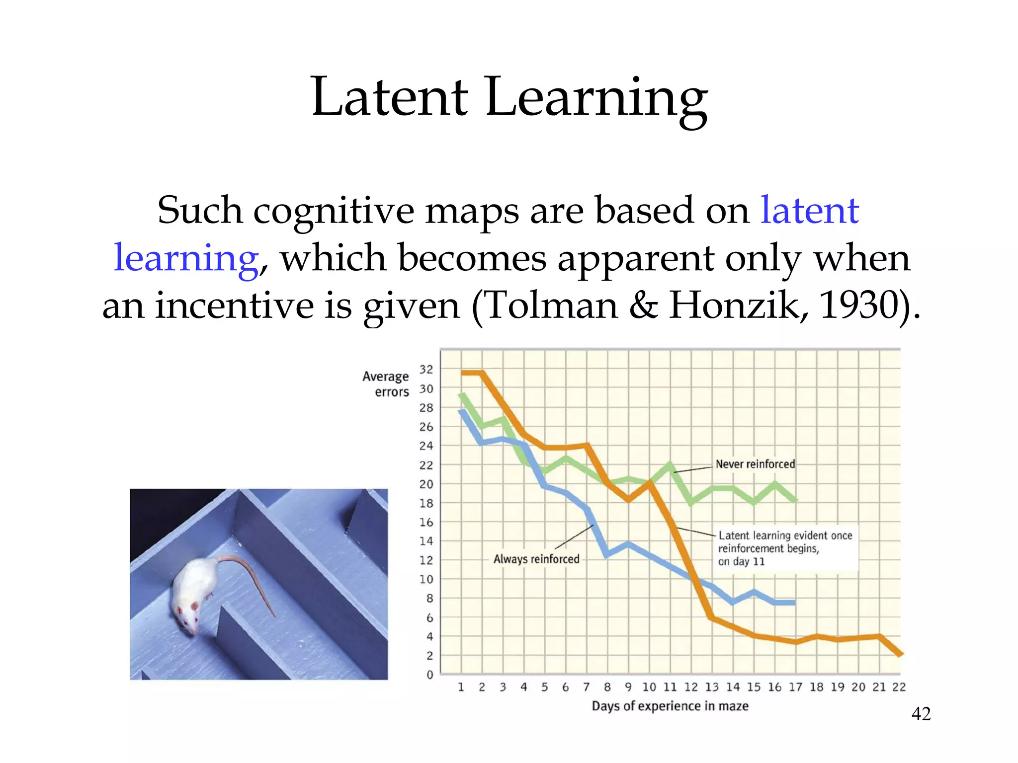 Latent Learning
    Such cognitive maps are based on latent
 learning, which becomes apparent only when
an incentive is given (Tolman & Honzik, 1930).




                                             42
 