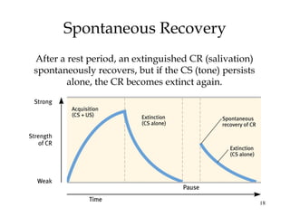 18 
Spontaneous Recovery 
After a rest period, an extinguished CR (salivation) 
spontaneously recovers, but if the CS (tone) persists 
alone, the CR becomes extinct again. 
 