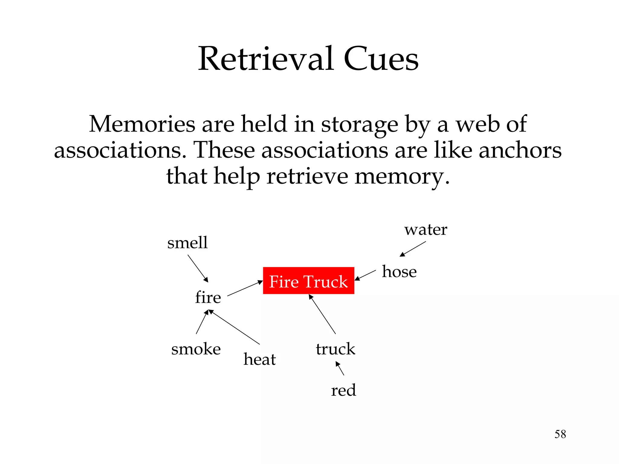 58
Retrieval Cues
Memories are held in storage by a web of
associations. These associations are like anchors
that help retrieve memory.
Fire Truck
truck
red
fire
heat
smoke
smell
water
hose
 