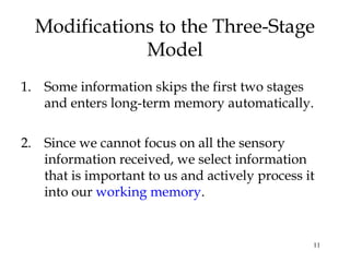 11
Modifications to the Three-Stage
Model
1. Some information skips the first two stages
and enters long-term memory automatically.
2. Since we cannot focus on all the sensory
information received, we select information
that is important to us and actively process it
into our working memory.
 