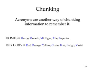 25
Chunking
Acronyms are another way of chunking
information to remember it.
HOMES = Huron, Ontario, Michigan, Erie, Superior
ROY G. BIV = Red, Orange, Yellow, Green, Blue, Indigo, Violet
 