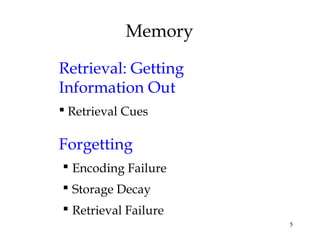 5
Memory
Retrieval: Getting
Information Out
 Retrieval Cues
Forgetting
 Encoding Failure
 Storage Decay
 Retrieval Failure
 