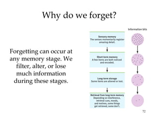 72
Why do we forget?
Forgetting can occur at
any memory stage. We
filter, alter, or lose
much information
during these stages.
 