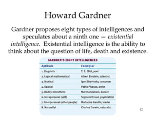 12
Howard Gardner
Gardner proposes eight types of intelligences and
speculates about a ninth one — existential
intelligence. Existential intelligence is the ability to
think about the question of life, death and existence.
 