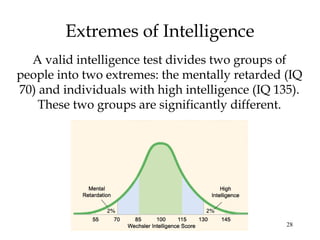 28
Extremes of Intelligence
A valid intelligence test divides two groups of
people into two extremes: the mentally retarded (IQ
70) and individuals with high intelligence (IQ 135).
These two groups are significantly different.
 