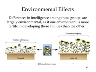 42
Environmental Effects
Differences in intelligence among these groups are
largely environmental, as if one environment is more
fertile in developing these abilities than the other.
 