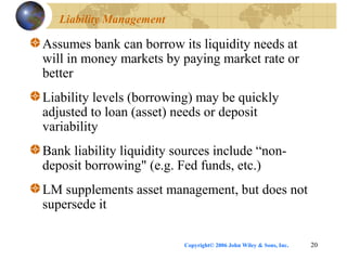 Copyright© 2006 John Wiley & Sons, Inc. 20
Liability Management
Assumes bank can borrow its liquidity needs at
will in money markets by paying market rate or
better
Liability levels (borrowing) may be quickly
adjusted to loan (asset) needs or deposit
variability
Bank liability liquidity sources include “non-
deposit borrowing" (e.g. Fed funds, etc.)
LM supplements asset management, but does not
supersede it
 