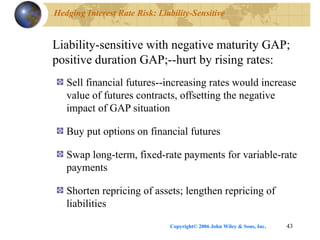 Copyright© 2006 John Wiley & Sons, Inc. 43
Hedging Interest Rate Risk: Liability-Sensitive
Liability-sensitive with negative maturity GAP;
positive duration GAP;--hurt by rising rates:
Sell financial futures--increasing rates would increase
value of futures contracts, offsetting the negative
impact of GAP situation
Buy put options on financial futures
Swap long-term, fixed-rate payments for variable-rate
payments
Shorten repricing of assets; lengthen repricing of
liabilities
 