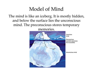 13
Model of Mind
The mind is like an iceberg. It is mostly hidden,
and below the surface lies the unconscious
mind. The preconscious stores temporary
memories.
 