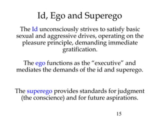 15
Id, Ego and Superego
The Id unconsciously strives to satisfy basic
sexual and aggressive drives, operating on the
pleasure principle, demanding immediate
gratification.
The ego functions as the “executive” and
mediates the demands of the id and superego.
The superego provides standards for judgment
(the conscience) and for future aspirations.
 