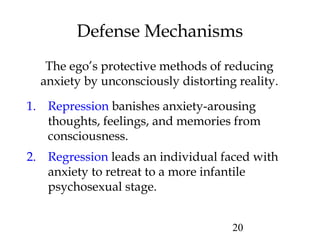 20
Defense Mechanisms
The ego’s protective methods of reducing
anxiety by unconsciously distorting reality.
1. Repression banishes anxiety-arousing
thoughts, feelings, and memories from
consciousness.
2. Regression leads an individual faced with
anxiety to retreat to a more infantile
psychosexual stage.
 