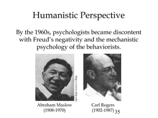 35
Humanistic Perspective
By the 1960s, psychologists became discontent
with Freud’s negativity and the mechanistic
psychology of the behaviorists.
Abraham Maslow
(1908-1970)
Carl Rogers
(1902-1987)
http://www.ship.edu
 