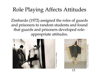 15
Role Playing Affects Attitudes
Zimbardo (1972) assigned the roles of guards
and prisoners to random students and found
that guards and prisoners developed role-
appropriate attitudes.
OriginallypublishedintheNewYorker
PhillipG.Zimbardo,Inc.
 