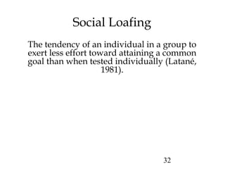 32
Social Loafing
The tendency of an individual in a group to
exert less effort toward attaining a common
goal than when tested individually (Latané,
1981).
 