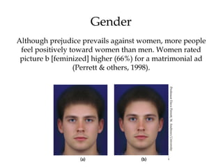 44
Gender
Although prejudice prevails against women, more people
feel positively toward women than men. Women rated
picture b [feminized] higher (66%) for a matrimonial ad
(Perrett & others, 1998).
ProfessorDavePerrett,St.AndrewsUniversity
 