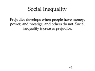 46
Social Inequality
Prejudice develops when people have money,
power, and prestige, and others do not. Social
inequality increases prejudice.
 