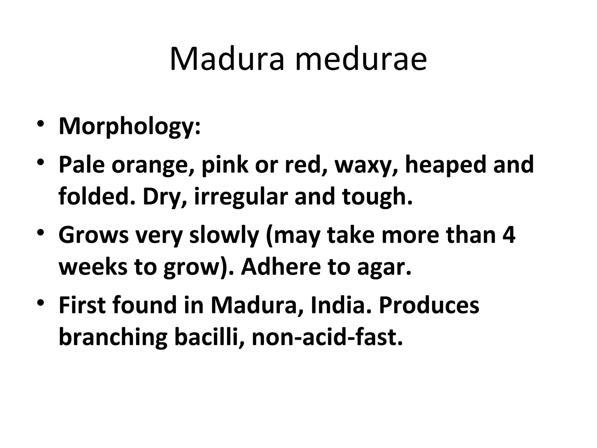 Madura medurae
• Morphology:
• Pale orange, pink or red, waxy, heaped and
folded. Dry, irregular and tough.
• Grows very slowly (may take more than 4
weeks to grow). Adhere to agar.
• First found in Madura, India. Produces
branching bacilli, non-acid-fast.
 