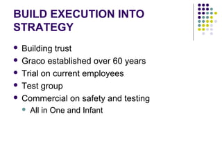 BUILD EXECUTION INTO
STRATEGY
 Building trust
 Graco established over 60 years
 Trial on current employees
 Test group
 Commercial on safety and testing
 All in One and Infant
 