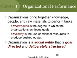 chapter1       Organizational Performance

  • Organizations bring together knowledge,
    people, and raw materials to perform tasks
    – Effectiveness is the degree to which the
      organizations achieves goals
    – Efficiency is the use of minimal resources to
      produce desired output
  • Organization is a social entity that is goal
    directed and deliberately structured

                                        10
 