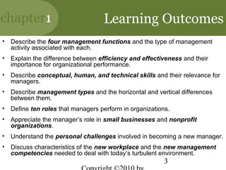 chapter1                            Learning Outcomes
•   Describe the four management functions and the type of management
    activity associated with each.
•   Explain the difference between efficiency and effectiveness and their
    importance for organizational performance.
•   Describe conceptual, human, and technical skills and their relevance for
    managers.
•   Describe management types and the horizontal and vertical differences
    between them.
•   Define ten roles that managers perform in organizations.
•   Appreciate the manager’s role in small businesses and nonprofit
    organizations.
•   Understand the personal challenges involved in becoming a new manager.
•   Discuss characteristics of the new workplace and the new management
    competencies needed to deal with today’s turbulent environment.
                                                          3
 
