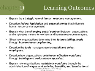 chapter11
Copyright ©2010 by South-Western, a division of Cengage
Learning. All rights reserved.
3
Learning Outcomes
• Explain the strategic role of human resource management.
• Describe federal legislation and societal trends that influence
human resource management.
• Explain what the changing social contract between organizations
and employees means for workers and human resource managers.
• Show how organizations determine their future staffing needs
through human resource planning.
• Describe the tools managers use to recruit and select
employees.
• Describe how organizations develop an effective workforce
through training and performance appraisal.
• Explain how organizations maintain a workforce through the
administration of wages and salaries, benefits, and terminations.
 