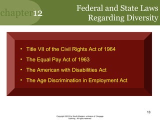 chapter12
Copyright ©2010 by South-Western, a division of Cengage
Learning. All rights reserved.
13
Federal and State Laws
Regarding Diversity
• Title VII of the Civil Rights Act of 1964
• The Equal Pay Act of 1963
• The American with Disabilities Act
• The Age Discrimination in Employment Act
 