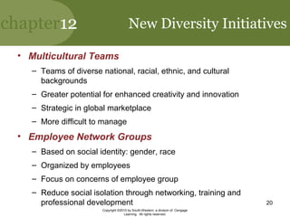 chapter12
Copyright ©2010 by South-Western, a division of Cengage
Learning. All rights reserved.
20
New Diversity Initiatives
• Multicultural Teams
– Teams of diverse national, racial, ethnic, and cultural
backgrounds
– Greater potential for enhanced creativity and innovation
– Strategic in global marketplace
– More difficult to manage
• Employee Network Groups
– Based on social identity: gender, race
– Organized by employees
– Focus on concerns of employee group
– Reduce social isolation through networking, training and
professional development
 