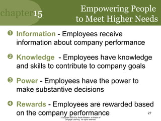 chapter15
Copyright ©2010 by South-Western, a division of
Cengage Learning. All rights reserved.
27
Empowering People
to Meet Higher Needs
 Information - Employees receive
information about company performance
 Knowledge - Employees have knowledge
and skills to contribute to company goals
 Power - Employees have the power to
make substantive decisions
 Rewards - Employees are rewarded based
on the company performance
 