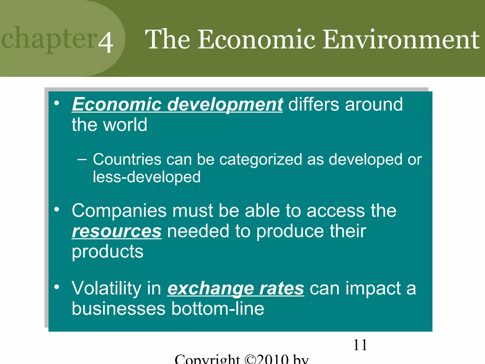 chapter4      The Economic Environment

   •• Economic development differs around
       Economic development differs around
      the world
       the world
     – Countries can be categorized as developed or
     – Countries can be categorized as developed or
       less-developed
        less-developed
   •• Companies must be able to access the
       Companies must be able to access the
      resources needed to produce their
       resources needed to produce their
      products
       products
   •• Volatility in exchange rates can impact a
      Volatility in exchange rates can impact a
      businesses bottom-line
      businesses bottom-line
                                         11
 