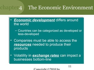chapter4      The Economic Environment

   •• Economic development differs around
       Economic development differs around
      the world
       the world
     – Countries can be categorized as developed or
     – Countries can be categorized as developed or
       less-developed
        less-developed
   •• Companies must be able to access the
       Companies must be able to access the
      resources needed to produce their
       resources needed to produce their
      products
       products
   •• Volatility in exchange rates can impact a
      Volatility in exchange rates can impact a
      businesses bottom-line
      businesses bottom-line
                                         11
 
