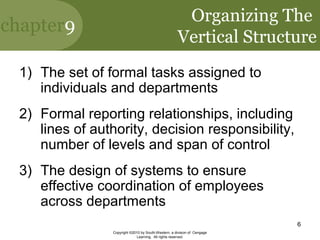 chapter9
Copyright ©2010 by South-Western, a division of Cengage
Learning. All rights reserved.
6
Organizing The
Vertical Structure
1) The set of formal tasks assigned to
individuals and departments
2) Formal reporting relationships, including
lines of authority, decision responsibility,
number of levels and span of control
3) The design of systems to ensure
effective coordination of employees
across departments
 