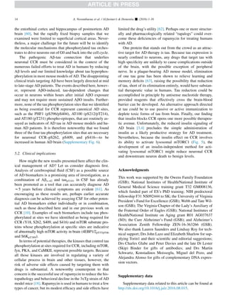 the entorhinal cortex and hippocampus of postmortem AD
brain [60], but the rapidly ﬁxed biopsy samples that we
examined were limited to superﬁcial cortical areas. Never-
theless, a major challenge for the future will be to identify
the molecular mechanisms that phosphorylated tau orches-
trates to drive neurons out of G0 and back into the cell cycle.
The pathogenic Ab-tau connection that underlies
neuronal CCR must be considered in the context of the
numerous failed efforts to treat AD in humans by reducing
Ab levels and our limited knowledge about tau hyperphos-
phorylation in most mouse models of AD. The disappointing
clinical trials targeting Ab have been largely directed at mid
to late-stage AD patients. The events described here, howev-
er, represent AbO-induced, tau-dependent changes that
occur in neurons within hours after initial AbO exposure
and may not require more sustained AbO insults. Further-
more, none of the tau phosphorylation sites that we identiﬁed
as being essential for CCR represent canonical AD sites,
such as the PHF1 (pS396/pS404), AT100 (pS212/pT214),
and AT180 (pT231) phospho-epitopes, that are routinely as-
sayed as indicators of AD tau in AD mouse models and hu-
man AD patients. It is therefore noteworthy that we found
three of the four tau phosphorylation sites that are necessary
for neuronal CCR–pS262, pS409, and pS416—to be
increased in human AD brain (Supplementary Fig. 6).
5.2. Clinical implications
How might the new results presented here affect the clin-
ical management of AD? Let us consider diagnosis ﬁrst.
Analysis of cerebrospinal ﬂuid (CSF) as a possible source
of AD biomarkers is a promising area of investigation, as a
combination of Abx–42 and taupT181 in CSF has already
been promoted as a tool that can accurately diagnose AD
w5 years before clinical symptoms are evident [61]. As
encouraging as these results are, perhaps earlier accurate
diagnosis can be achieved by assaying CSF for other poten-
tial AD biomarkers either individually or in combination,
such as those described here and in our previous work on
CCR [10]. Examples of such biomarkers include tau phos-
phorylated at sites we have identiﬁed as being required for
CCR (Y18, S262, S409, and S416) and mTOR substrate pro-
teins whose phosphorylation at speciﬁc sites are indicative
of abnormally high mTOR activity in brain (4EBP1/2pT37/pT46
and S6KpT389).
In terms of potential therapies, the kinases that control tau
phosphorylation at sites required for CCR, including mTOR,
fyn, PKA, and CaMKII, represent possible targets. Because
all those kinases are involved in regulating a variety of
cellular process in brain and other tissues, however, the
risk of adverse side effects caused by targeting them with
drugs is substantial. A noteworthy counterpoint to that
concern is the successful use of rapamycin to reduce the his-
topathology and behavioral decline in the 3xTg strain of AD
model mice [18]. Rapamycin is used in humans to treat a few
types of cancer, but its modest efﬁcacy and side effects have
limited the drug’s utility [62]. Perhaps one or more structur-
ally and pharmacologically related “rapalogs” could over-
come these deﬁciencies of rapamycin for treating humans
with AD.
One protein that stands out from the crowd as an attrac-
tive target for AD therapy is tau. Because tau expression is
nearly conﬁned to neurons, any drugs that target tau with
high speciﬁcity are unlikely to cause complications outside
of the brain, with the possible exception of peripheral
nerve. In a plaque-bearing AD mouse model, elimination
of one tau gene has been shown to relieve learning and
memory deﬁcits [63], raising the possibility that reduction
of tau, short of its elimination entirely, would have substan-
tial therapeutic value in humans. Tau reduction could be
accomplished in principle by antisense nucleotide therapy,
provided reagents that effectively cross the brain-blood
barrier can be developed. An alternative approach directed
at tau could be to use passive or active immunization to
deplete toxic forms of tau from brain. Finally, our ﬁnding
that insulin blocks CCR opens one more possible therapeu-
tic avenue. Unfortunately, the reduced insulin signaling of
AD brain [3,4] precludes the simple administration of
insulin as a likely productive strategy for AD treatment.
Nevertheless, because the insulin effect on CCR involves
its ability to activate lysosomal mTORC1 (Fig. 5), the
development of an insulin-independent method for acti-
vating lysosomal mTORC1 might reduce neuronal CCR
and downstream neuron death to benign levels.
Acknowledgments
This work was supported by the Owens Family Foundation
(GSB); National Institutes of Health/National Institute of
General Medical Science training grant T32 GM008136,
which funded part of ES’s PhD training; NIH predoctoral
fellowship F31 NS092444 to SK; the University of Virginia
President’s Fund for Excellence (GSB); Webb and Tate Wil-
son (GSB); The Virginia Chapter of the Lady’s Auxiliary of
the Fraternal Order of Eagles (GSB); National Institutes of
Health/National Institute on Aging grant R01 AG037637
(SO); the Cure Alzheimer’s Fund (GSB); and Alzheimer’s
Association Zenith Fellowship ZEN-16-363266 (GSB).
We also thank Lauren Saunders and Lindsay Roy for tech-
nical support; Drs John Lazo and Elizabeth Sharlow for sup-
plying Torin1 and their scientiﬁc and editorial suggestions;
Drs Charles Glabe and Peter Davies and the late Dr Lester
(Skip) Binder for gifts of antibodies; and Drs Martin
Schwartz, Konstadinos Moissoglu, Miguel del Pozo, and
Alejandra Alonso for gifts of complementary DNA expres-
sion vectors.
Supplementary data
Supplementary data related to this article can be found at
http://dx.doi.org/10.1016/j.jalz.2016.08.015.
A. Norambuena et al. / Alzheimer’s  Dementia - (2016) 1-1614
 