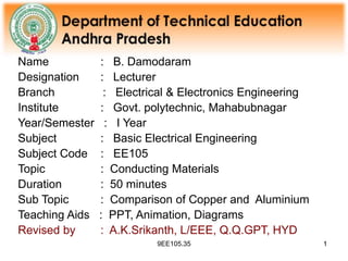 9EE105.35 1
1
Name : B. Damodaram
Designation : Lecturer
Branch : Electrical & Electronics Engineering
Institute : Govt. polytechnic, Mahabubnagar
Year/Semester : I Year
Subject : Basic Electrical Engineering
Subject Code : EE105
Topic : Conducting Materials
Duration : 50 minutes
Sub Topic : Comparison of Copper and Aluminium
Teaching Aids : PPT, Animation, Diagrams
Revised by : A.K.Srikanth, L/EEE, Q.Q.GPT, HYD
 