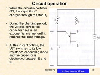 9EE306.79 10
Circuit operation
• When the circuit is switched
ON, the capacitor C
charges through resistor R1.
• During the charging period,
the voltage across the
capacitor rises in an
exponential manner until it
reaches the peak voltage.
• At this instant of time, the
UJT switches to its low
resistance conducting mode
and the capacitor is
discharged between E and
B1.
Relaxation oscillator
 