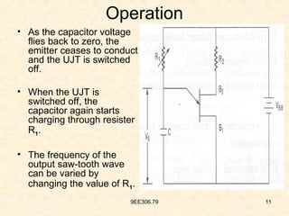 9EE306.79 11
Operation
• As the capacitor voltage
flies back to zero, the
emitter ceases to conduct
and the UJT is switched
off.
• When the UJT is
switched off, the
capacitor again starts
charging through resister
R1.
• The frequency of the
output saw-tooth wave
can be varied by
changing the value of R1.
 