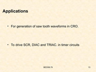 9EE306.79 13
Applications
• For generation of saw tooth waveforms in CRO.
• To drive SCR, DIAC and TRIAC. in timer circuits
 
