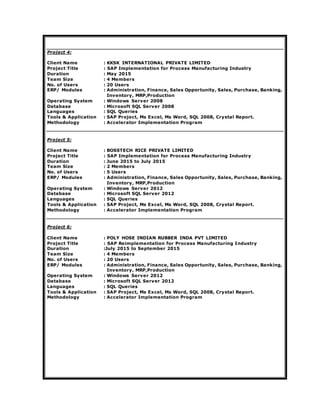 Project 4:
Client Name : KKSK INTERNATIONAL PRIVATE LIMITED
Project Title : SAP Implementation for Process Manufacturing Industry
Duration : May 2015
Team Size : 4 Members
No. of Users : 20 Users
ERP/ Modules : Administration, Finance, Sales Opportunity, Sales, Purchase, Banking,
Inventory, MRP,Production
Operating System : Windows Server 2008
Database : Microsoft SQL Server 2008
Languages : SQL Queries
Tools & Application : SAP Project, Ms Excel, Ms Word, SQL 2008, Crystal Report.
Methodology : Accelerator Implementation Program
Project 5:
Client Name : BOSSTECH RICE PRIVATE LIMITED
Project Title : SAP Implementation for Process Manufacturing Industry
Duration : June 2015 to July 2015
Team Size : 2 Members
No. of Users : 5 Users
ERP/ Modules : Administration, Finance, Sales Opportunity, Sales, Purchase, Banking,
Inventory, MRP,Production
Operating System : Windows Server 2012
Database : Microsoft SQL Server 2012
Languages : SQL Queries
Tools & Application : SAP Project, Ms Excel, Ms Word, SQL 2008, Crystal Report.
Methodology : Accelerator Implementation Program
Project 6:
Client Name : POLY HOSE INDIAN RUBBER INDA PVT LIMITED
Project Title : SAP Reimplementation for Process Manufacturing Industry
Duration :July 2015 to September 2015
Team Size : 4 Members
No. of Users : 20 Users
ERP/ Modules : Administration, Finance, Sales Opportunity, Sales, Purchase, Banking,
Inventory, MRP,Production
Operating System : Windows Server 2012
Database : Microsoft SQL Server 2012
Languages : SQL Queries
Tools & Application : SAP Project, Ms Excel, Ms Word, SQL 2008, Crystal Report.
Methodology : Accelerator Implementation Program
 